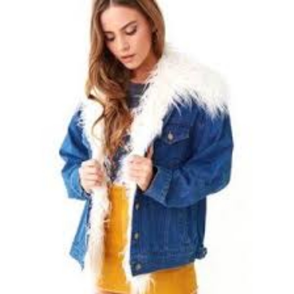 Forever 21  Women's Party Trucker Jean Jacket Off White Faux Fur .